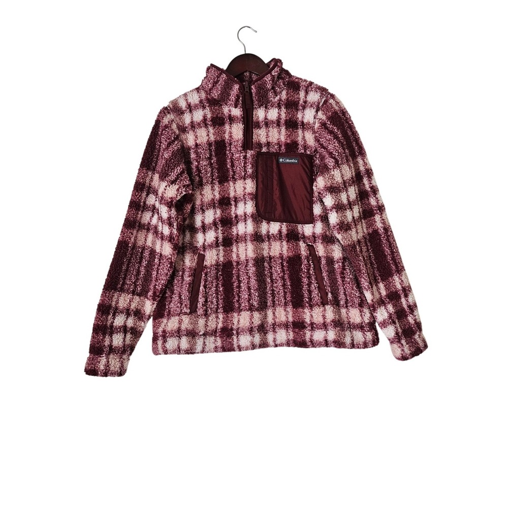 Columbia West Bend II Burgandy Plaid Sherpa Fleece Pullover Size L Gorpcore Cozy